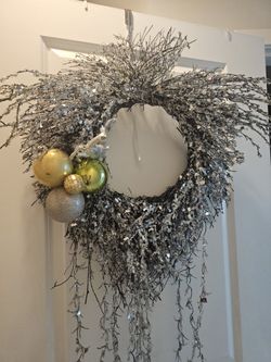 XLarge 27" x 27" Silver Glitter Christmas Wreath with Ornaments & Reindeer
