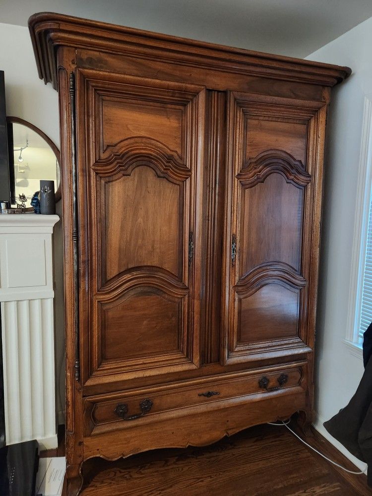 Solid Walnut French Provincial Armoire – 90″H x 60″W x 30″D – Delivery Available