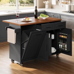 Modern Kitchen Island with Storage - Rolling Island Cart on Wheels with Power Outlet, Drop Leaf, Trash Can Cabinet, Towel & Spice Rack, Large Mobile K