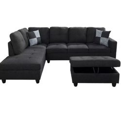 Black Gray Sectional Couch With Ottoman . Fabric Linen 