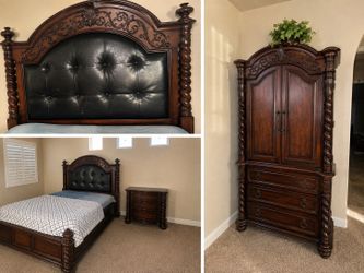 Solid Wood Queen Bedroom Set – Bed, Nightstand & Armoire