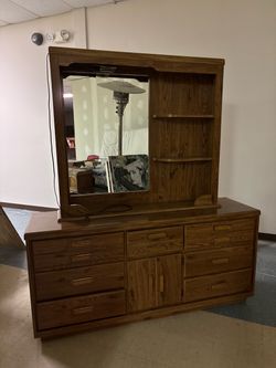 Oak Wood Dresser with Mirror and Shelves
