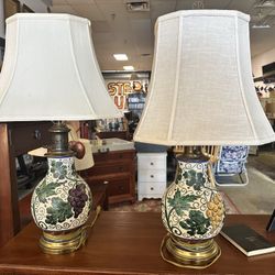 Pair Ceramic Grape Pattern Lamps with Linen Shades