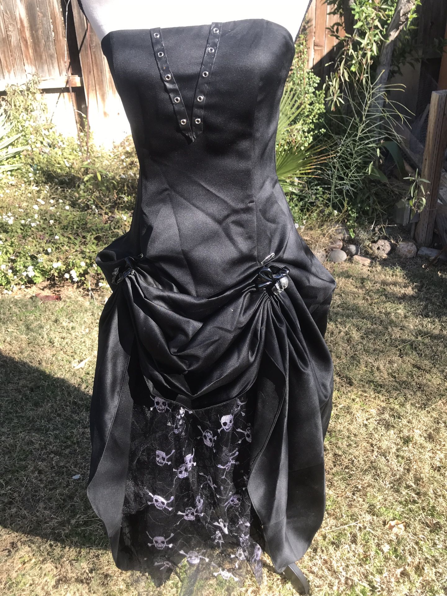 Halloween Costume ROBERTA Black Satin Fitted Bodice Strapless Dress with Front “Bustle”, Skull Pins, Safety Pins. Faux Leather, Grommets, Skull Lace