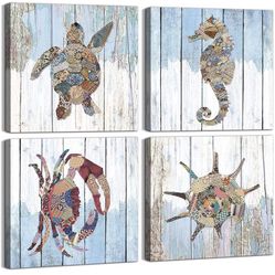 Sea Turtle Wall Art Seahorse Artwork Crab Conch Canvas Prints Ocean Animals on Wood Grain Wall Decor 4 pieces Colorful Retro Printed Pictures for Bath