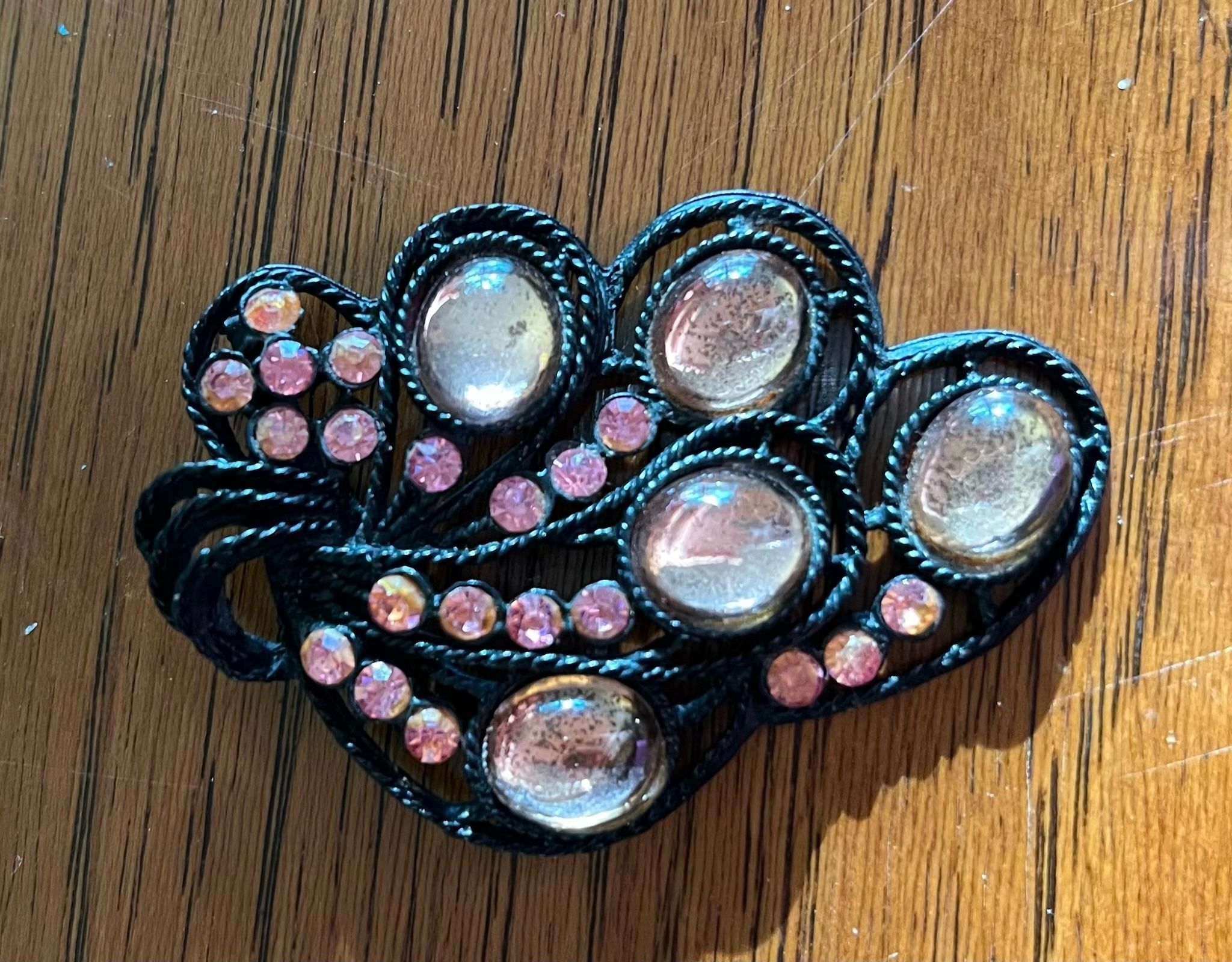 Vintage Pink Glass and Black Metal Brooch Pin w/Rhinestones - Jewelry