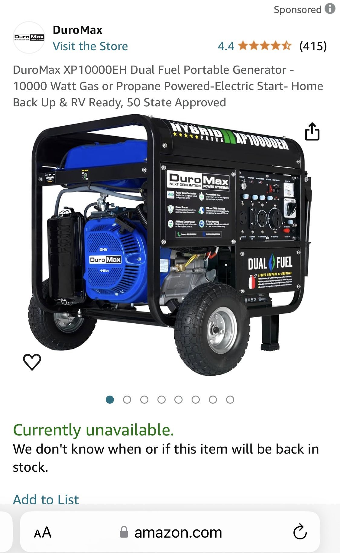 Generator Duromax Dual Fuel 10000 Watt Generator