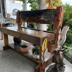 New Handmade Carved Wolf Moon & Feather Bench