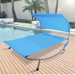 Double Chaise Lounge Bed with Canopy,Headrest Pillow and Wheels,Portable Outdoor Hammock Bed for Patio, Yard, Pool(Blue)