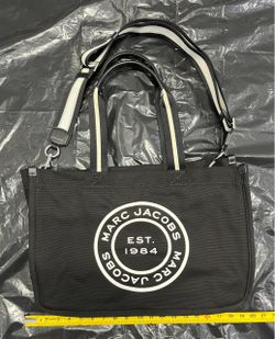 MARC JACOBS Signet Canvas Tote Bag Purse Medium Crossbody Black #S1130 M001566 Stripe Strap Black Logo Print Designer Handbag for Women Cotton Crossbo