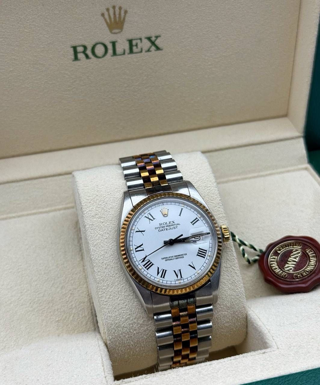 Rolex Datejust 36mm yellow gold stainless steel 16013 white Buckley Roman numerals dial jubilee bracelet box and appraisal papers