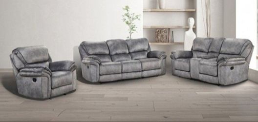 Brand New Gray Leatherette 3pc Reclining Living Room Set 