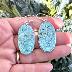 Large Oval Natural Turquoise Gemstone Silver Earrings