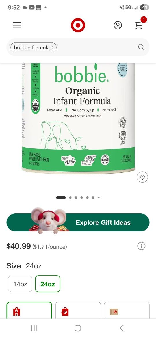 Bobbie Organic Milk Based Formula 24 Oz Unopened