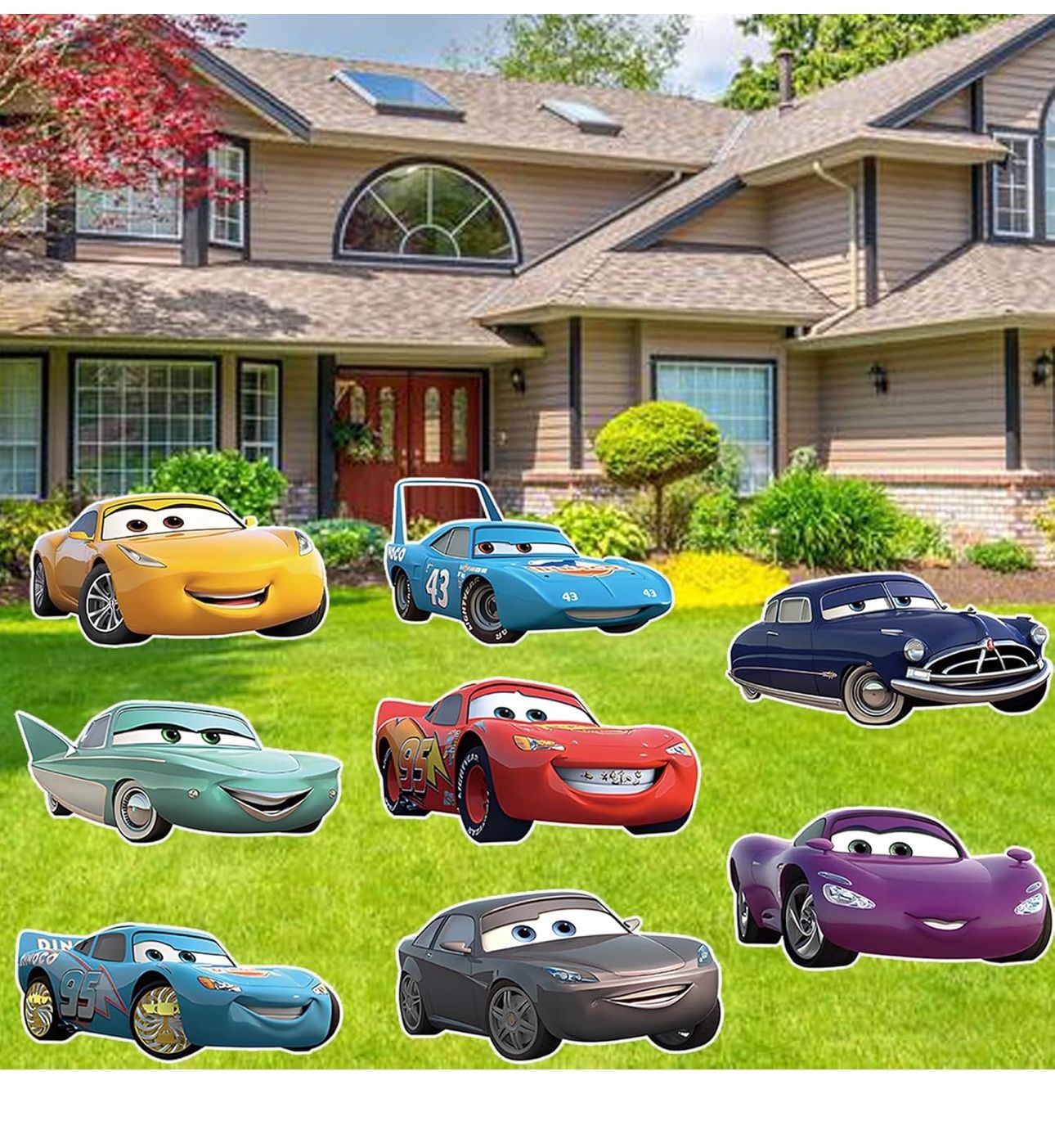 New 8 Pcs Lightning Cars Birthday Party Supplies Lightning Cars Birthday Yard Sign with Stakes, Cars Party Decorations, Perfect Outdoor Family Theme L