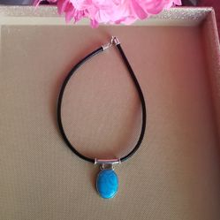 Vintage Sterling Silver Turquoise Leather Choker 15"