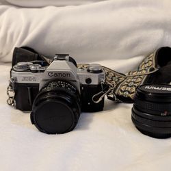  Vintage Canon AE-1 Film Camera + 2 Lenses & Strap - Excellent Condition 
