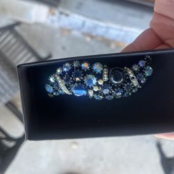Vintage MCM Blue & AB Rhinestone Brooch Pin 