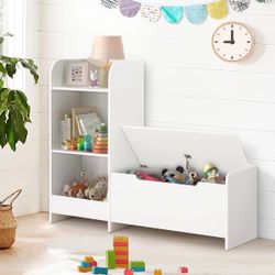 Kids Bookshelf and Toy Storage Organizer with Reading Nook, 3-Tier Baby Nursery Bookshelf with Bench and Storage Cabinet