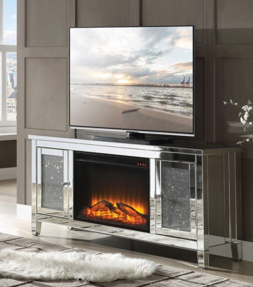 Brand New Mirrored w Faux Diamonds 60 TV Stand w Fireplace