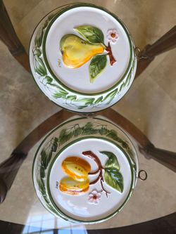 Vintage Italian Ceramic Wall Plaques Set of 2 Relief Fruit Pear Apricot Italy