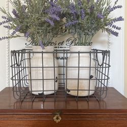 Set Of 2 White Pots With Faux Lavender In Wire Basket