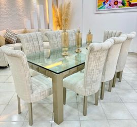 Glass Top Dining Table with 8 Chairs