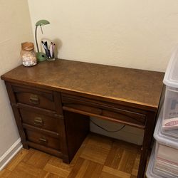 Vintage Wooden Desk with Brass Pulls – Sturdy & Compact