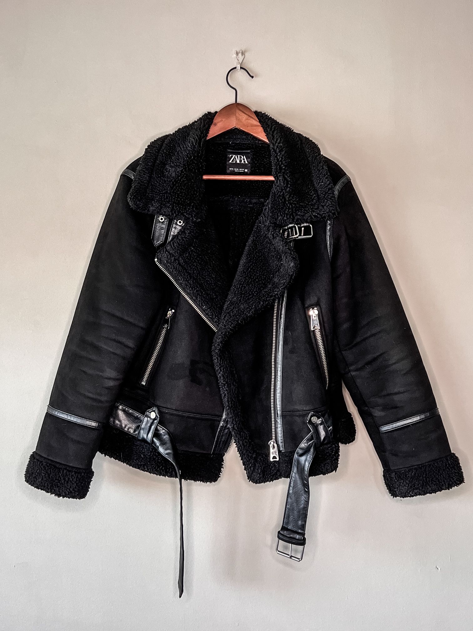 Zara Double-faced Cropped Strap Detail Faux Suede Teddy Coat Jacket