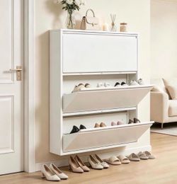 Shoe Storage Cabinet with 3 Flip Drawers, Hidden Wall Mounted Slim Shoe Rack Cabinet, Metal Narrow Shoe Cabinet for Entryway Hallway