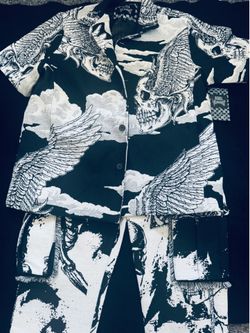 Rebel Vengeance Skull Print Tapestry Shirt/ L and Pants/34 Set