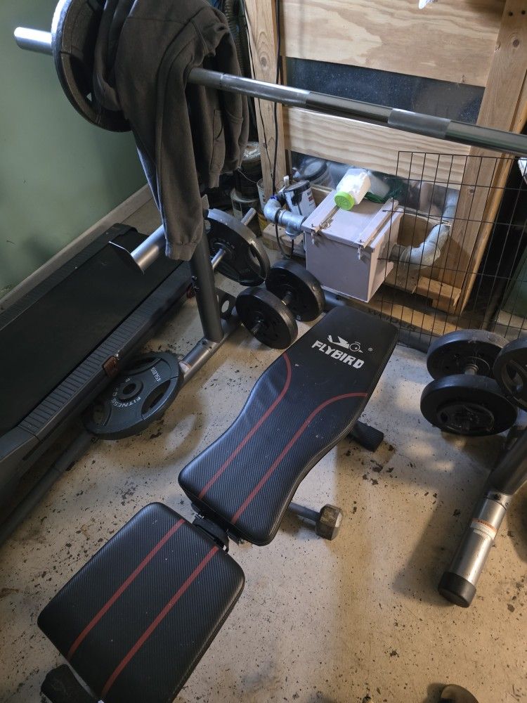 Adjustable BenchPress, Rack, 45lb Barbell Bar, 225 Lb Total In Plates
