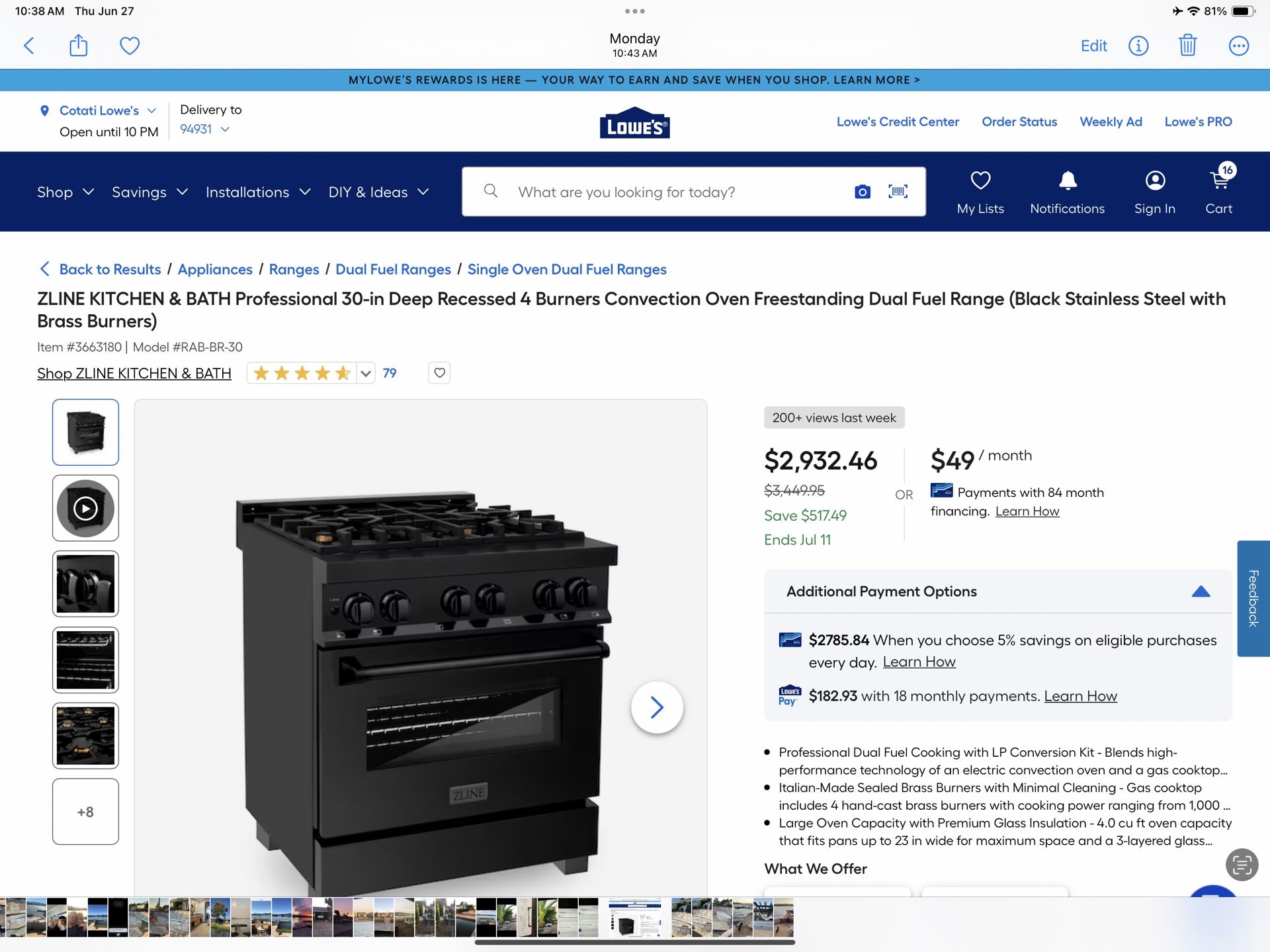 ZLINE KITCHEN & BATH Professional 30-in Deep Recessed 4 Burners Convection Oven