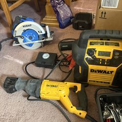 Tools! Dewalt & Kobalt Saws And Portable Car Battery Charger/starter With Built In Air Compressor . George Forman Grill.