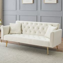 Aukfa Velvet Futon Convertible Sofa Bed, Upholstered Arm Couch for Home Office, 2 Pillows, Beige
