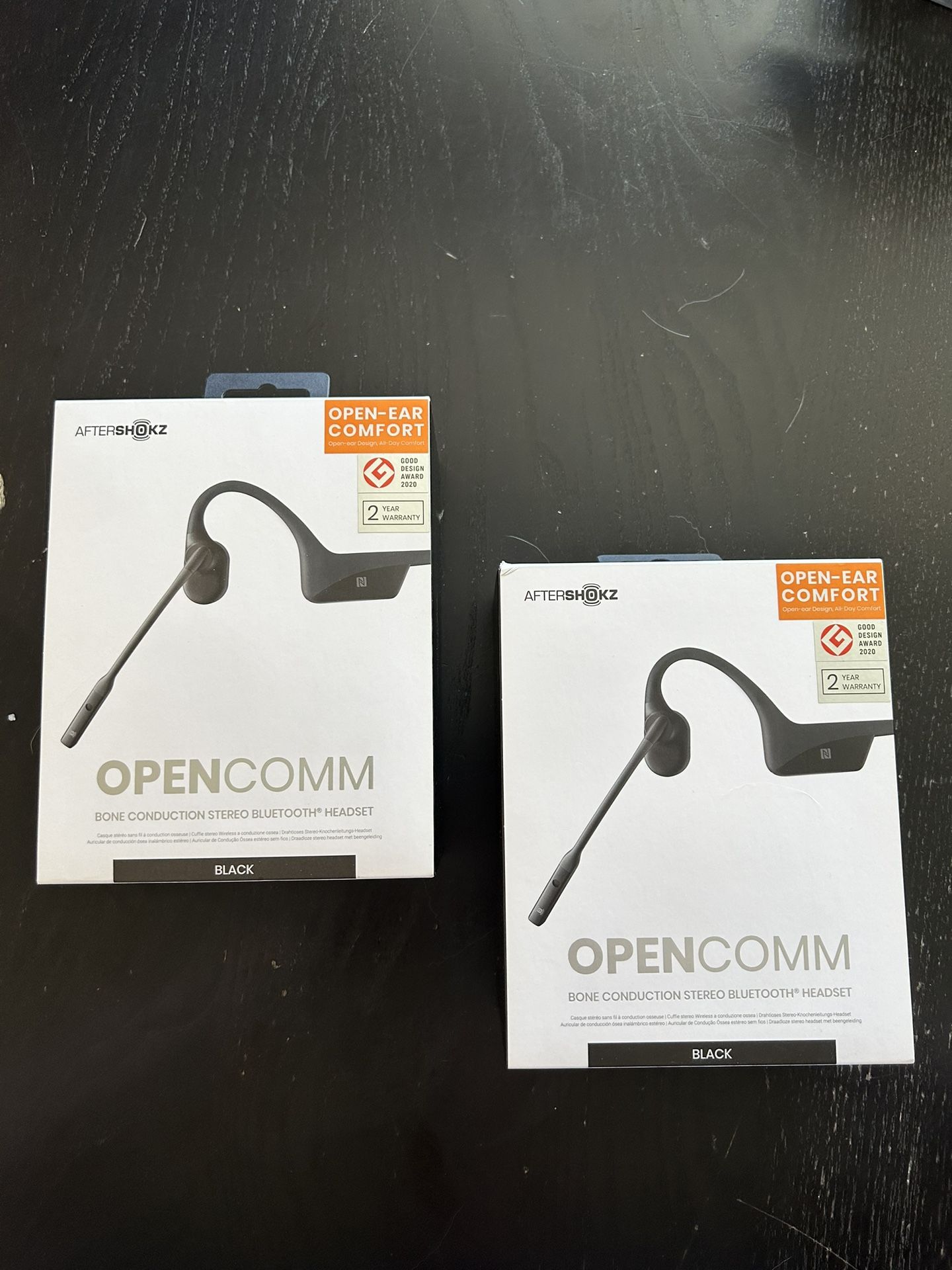 2 Aftershokz OpenComm Wireless Stereo Bone Conduction Bluetooth Headset with Noise-Canceling Boom Microphone