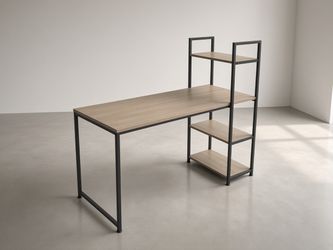 Light wood desk, black metal frame, side shelf — $95 OBO