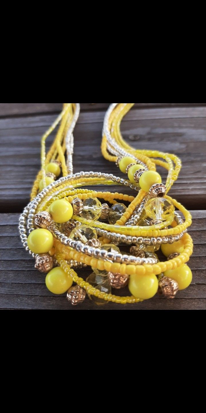 Yellow White Multi-Strand Seed Bead Large Crystal Marble Opalescent Beads Boho Necklace Gold Accents