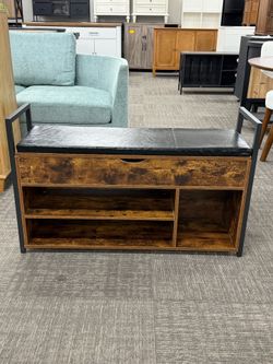 39.5"W Shoe Storage Bench, Entryway Bench with Lift Top Storage Box, Metal and Board Bench for Entryway, Two Tier Shoe Rack Organizer for Entryway, Ha