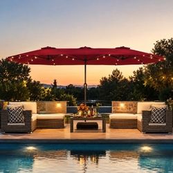 Costway 13 Ft. Double-Sided Patio Umbrella with Solar LED Lights, UPF 50+ Canopy, Crank Lift & Cross Base for Garden, Pool, Backyard (NP13436US-WN)