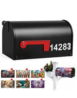 Black Mailbox with 5 Seasonal Covers and Address Number Stickers Black Post Mount Mailbox Set with Replaceable Covers for Front Yard and Home Entrance