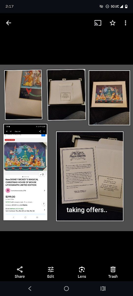 disney Christmas lithograph with certificate of authenticy