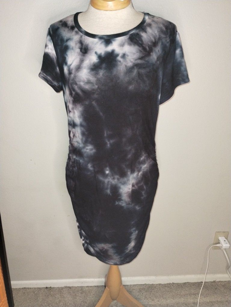 Antistar Black White Tie Dye Bodycon Stretch T-Shirt Dress Ruched Sides Medium