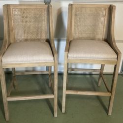 Rustic Fabric Upholstered Wood And Cane Bar Stools