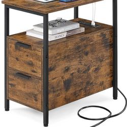 Side Table with Charging Station, Narrow End Table with 2 Drawers, Slim Nightstand, and Bedside Table with Storage