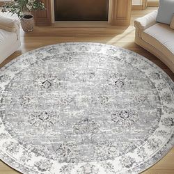 MP155$ Round Rug 8ft Area Rugs - Vintage Floral Distressed Design Machine Washable Non-Slip Low-Pile Ultra-Thin Circle Rug for Living Room Dining Room