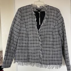 Chic Open Front Fringe Trim Tweed Cardigan Jacket size L  