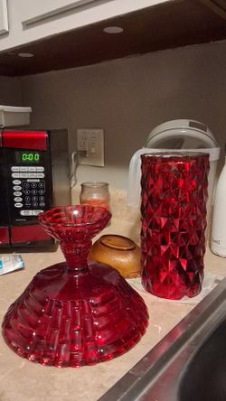 Red Glass Candleholder and Vase Set
