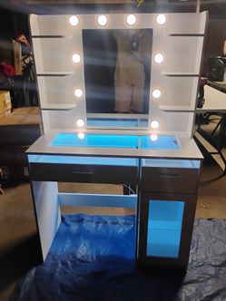 NEW WHITE VANITY/BLUE LED LIGHT IN DRAWERS