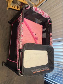 3 in 1 Pink Pack and Play,Girl, Changing Table w/Safety Belt, Hanging Bar, Lockable Wheels, Portable Baby Playard from Newborn to Toddler